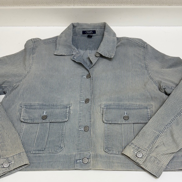 NWT Chaps Women's Blue Striped Jean Jacket - Picture 1 of 7